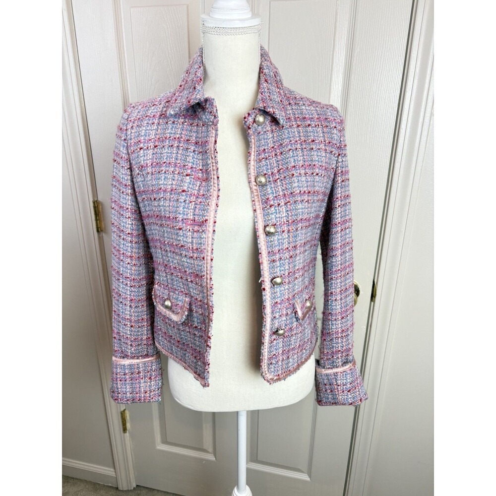 Abercrombie & Fitch Tweed Blazer Women Small Pink Blue Plaid Jacket Floral